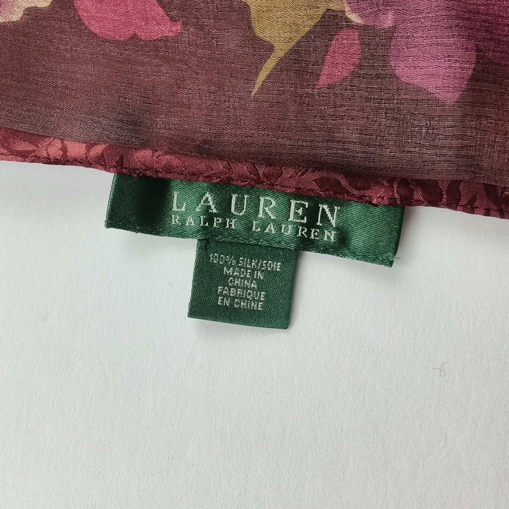 Lauren Ralph Lauren Floral Silk Skinny Scarf Twilly Burgundy Pink Gold 53x12 - Picture 2 of 7